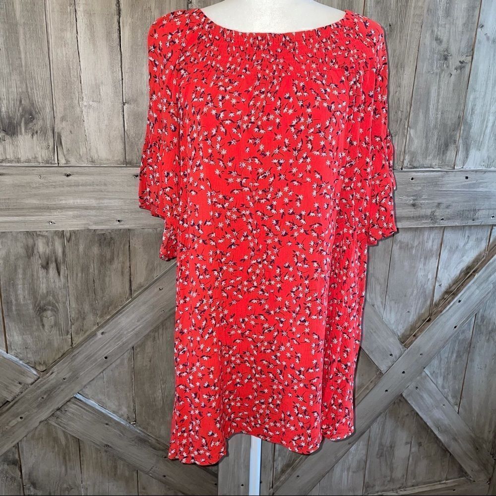 Ana Off Shoulder Floral Dress Smock Neck Flowy Sleeve Dress